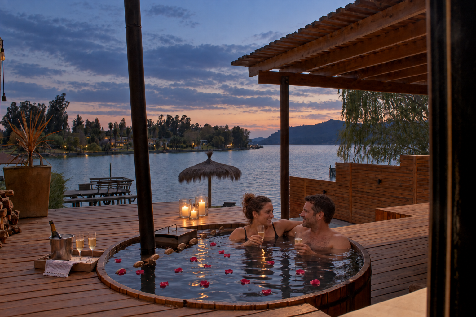 Pareja en el hot tub al atardecer junto al lago, con velas y espumante