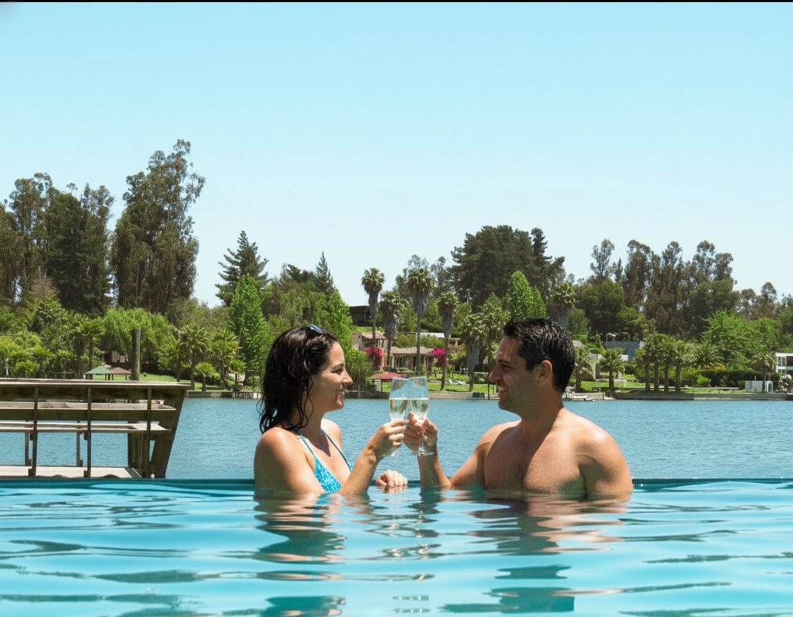 Pareja brindando en la piscina con el lago de fondo