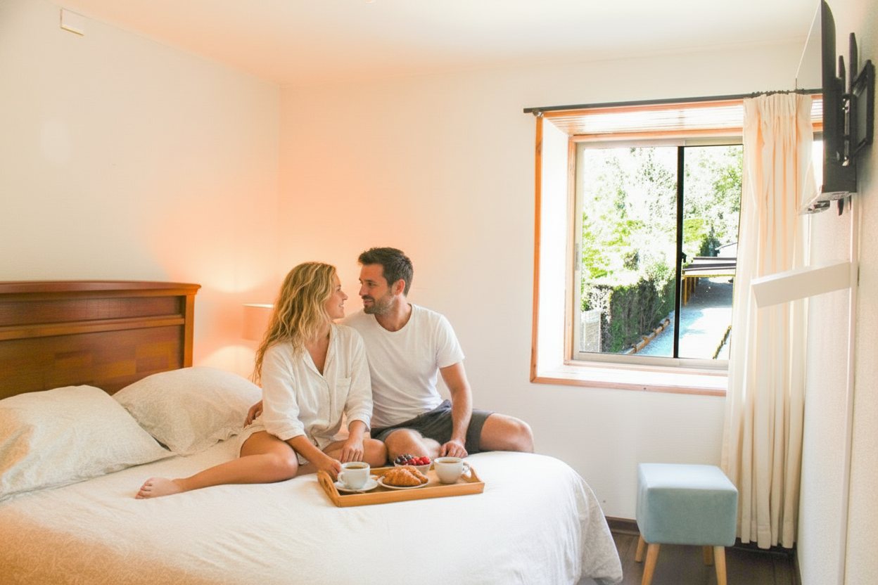 Pareja compartiendo el desayuno en el dormitorio