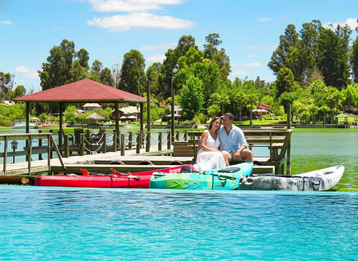Pareja sentada en el muelle junto a kayaks de colores