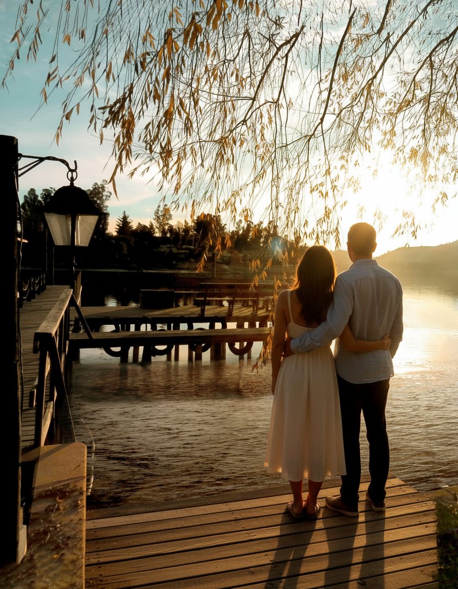 Pareja abrazada viendo el atardecer desde el muelle