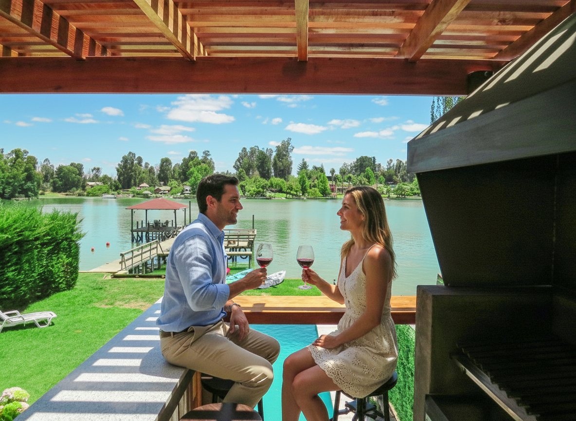 Pareja conversando en la barra del quincho con el lago de fondo