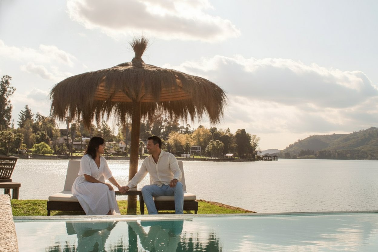 Pareja descansando bajo la sombrilla frente al lago