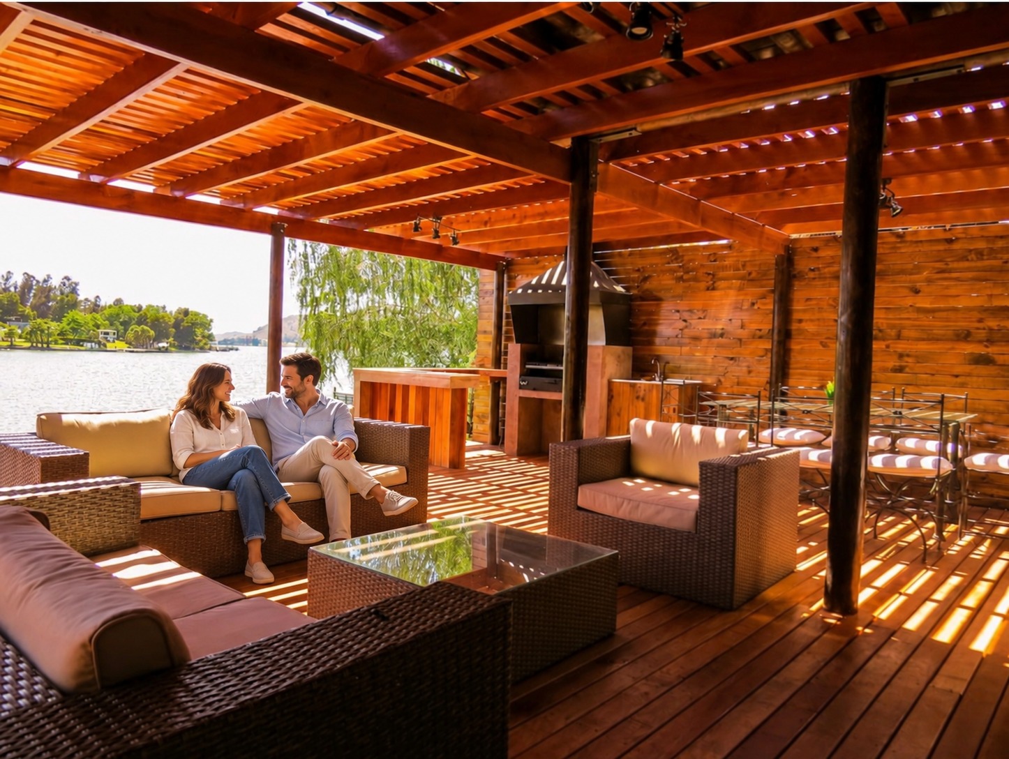 Pareja conversando en el sofá de la terraza junto al lago